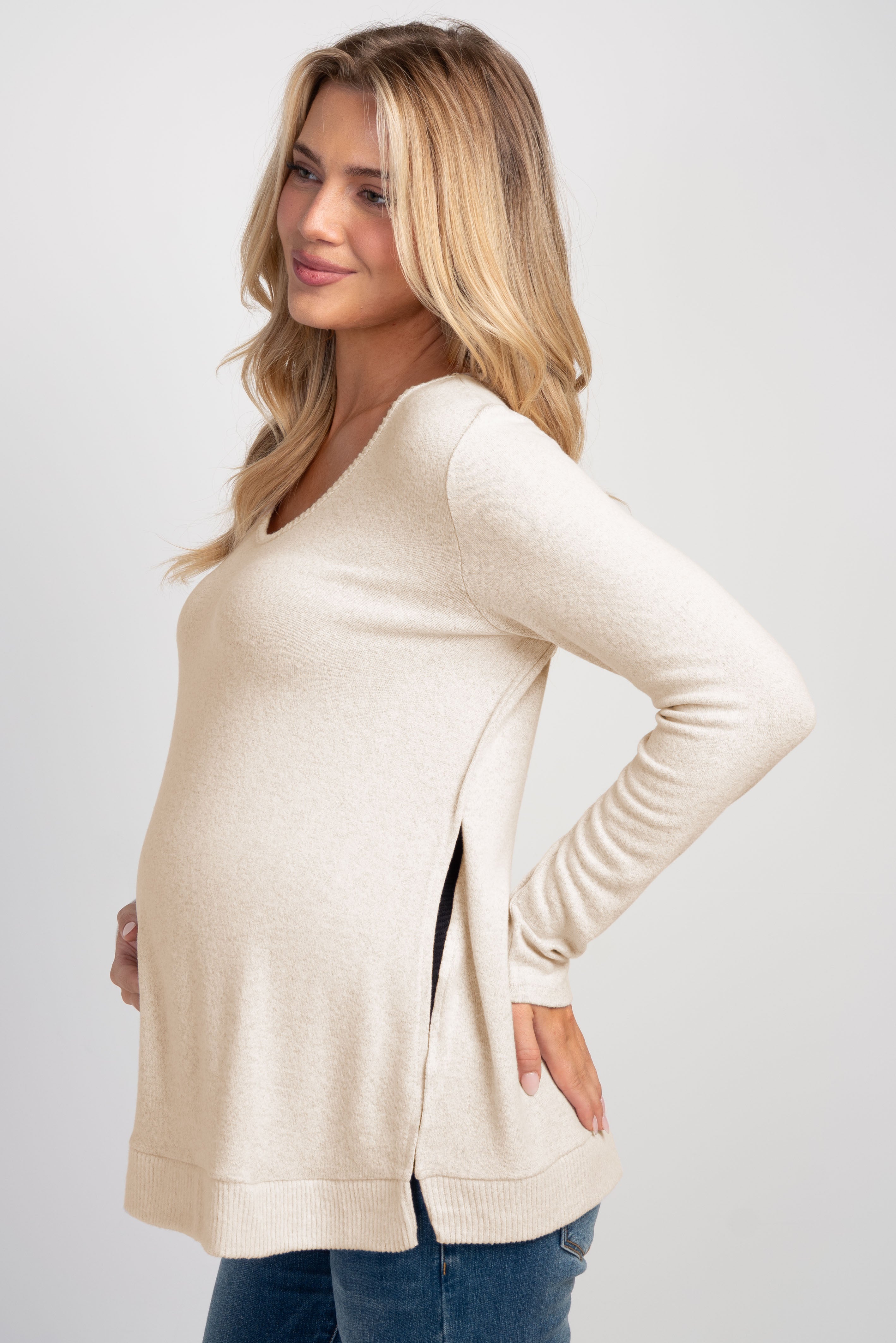 Oatmeal Long Sleeve Scoop Neck Maternity Sweater Knit Top Side View