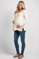 Oatmeal Long Sleeve Scoop Neck Maternity Sweater Knit Top Full Body