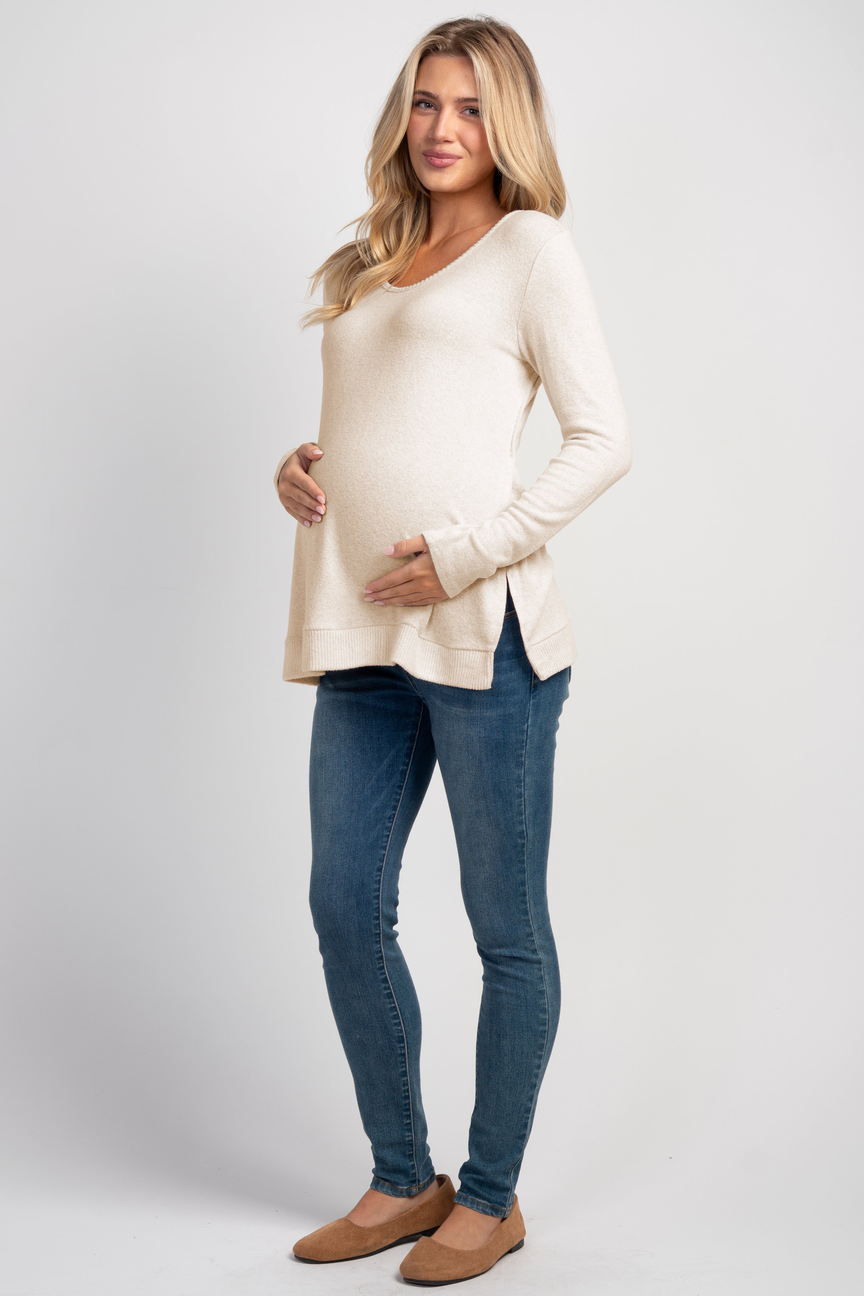 Oatmeal Long Sleeve Scoop Neck Maternity Sweater Knit Top Full Body