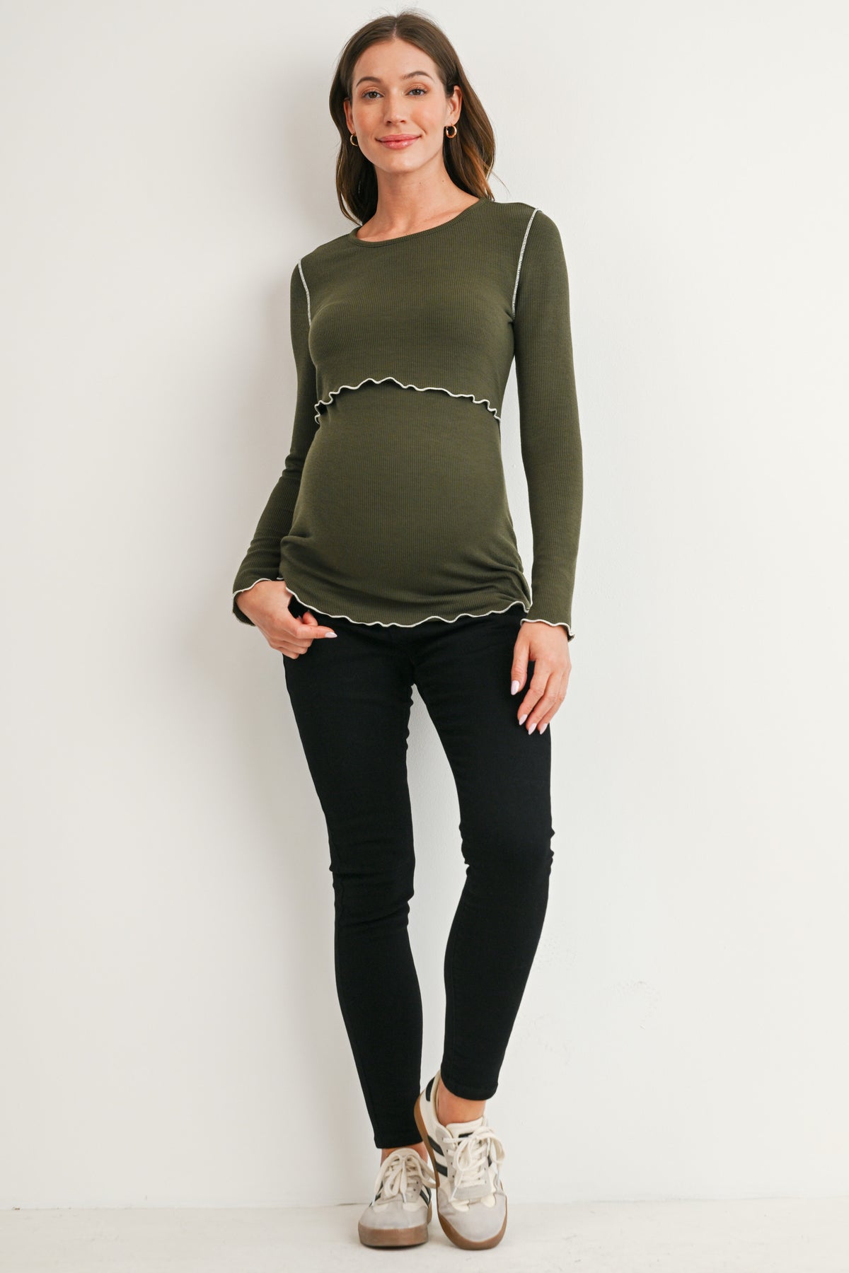 Olive Ribbed Long Sleeve Crew Neck Maternity Nursing Top Full Body