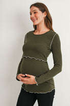 Olive Ribbed Long Sleeve Crew Neck Maternity Nursing Top Side View