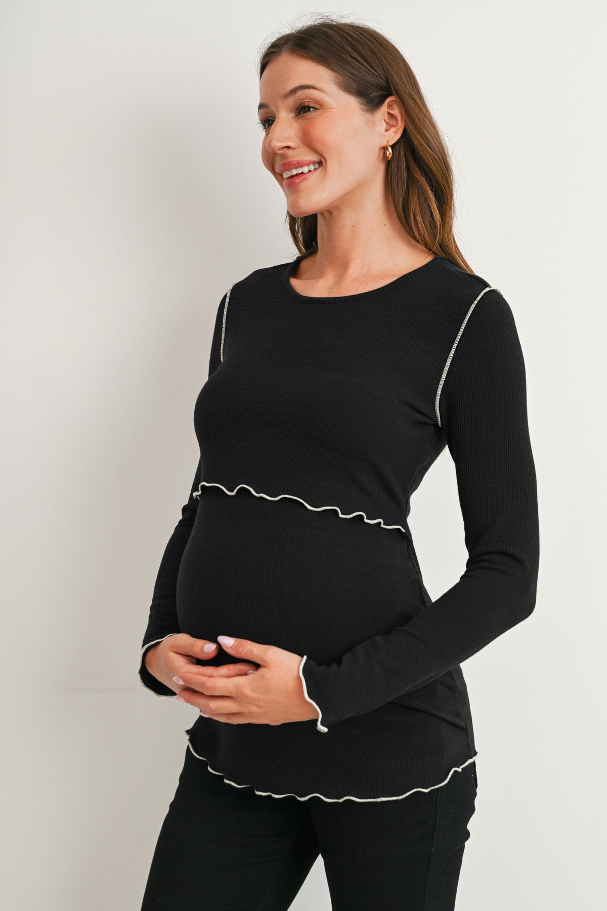 Black Ribbed Long Sleeve Crew Neck Maternity Nursing Top Side View
