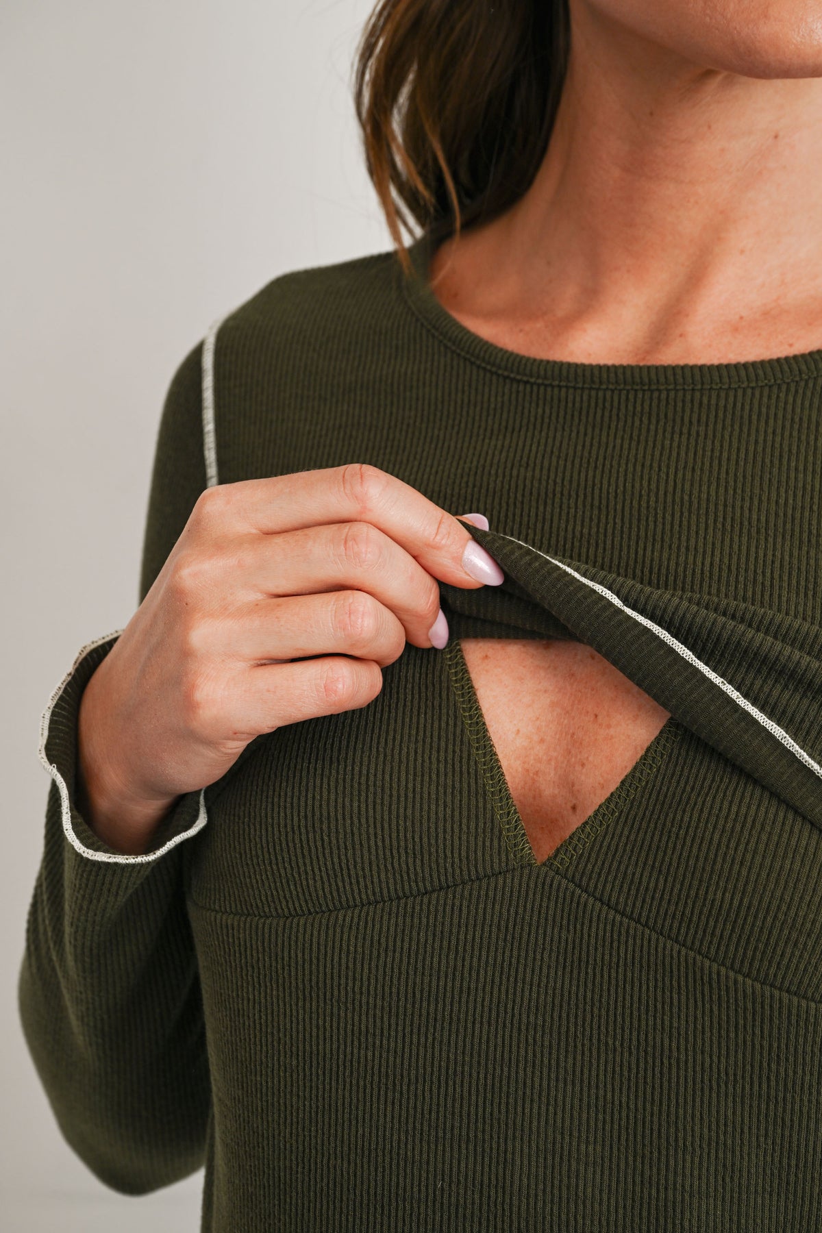 Olive Ribbed Long Sleeve Crew Neck Maternity Nursing Top Detail