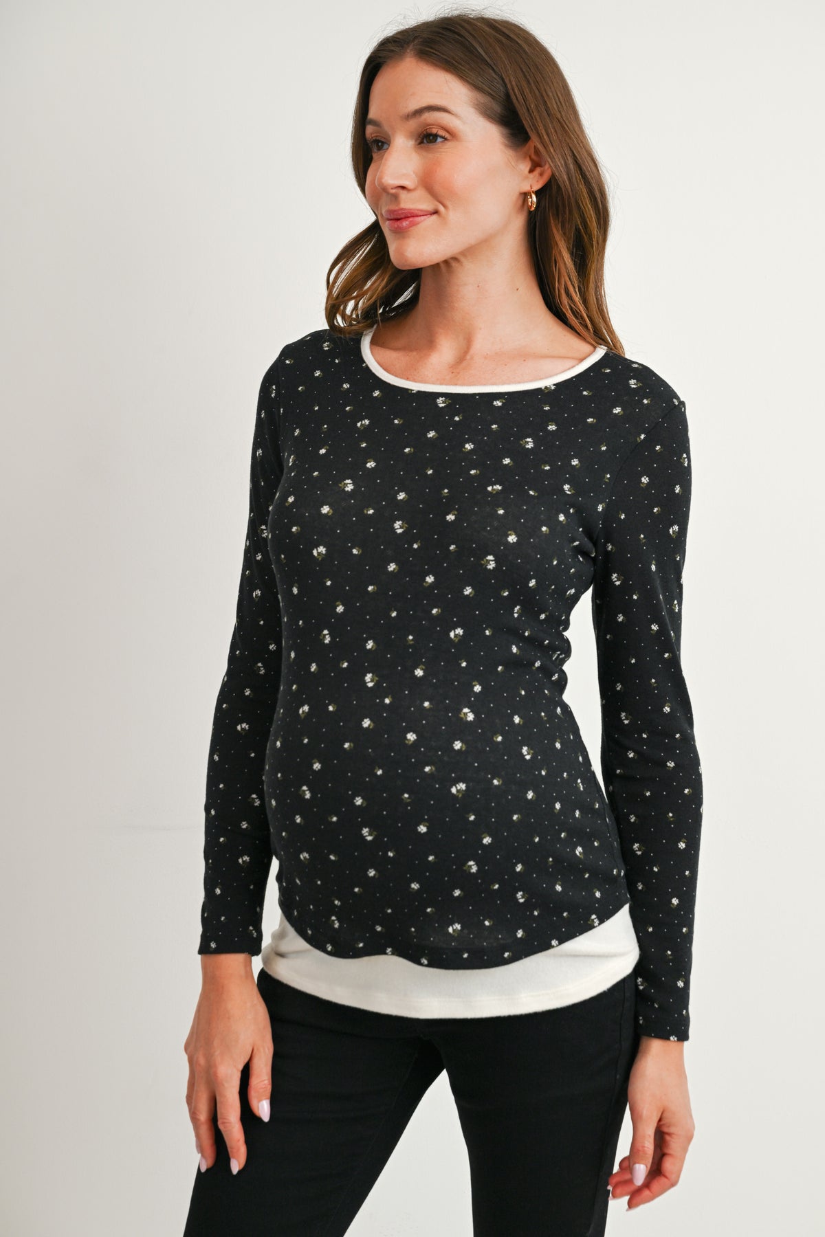 Black Ditsy Floral Long Sleeve Maternity Top Side View