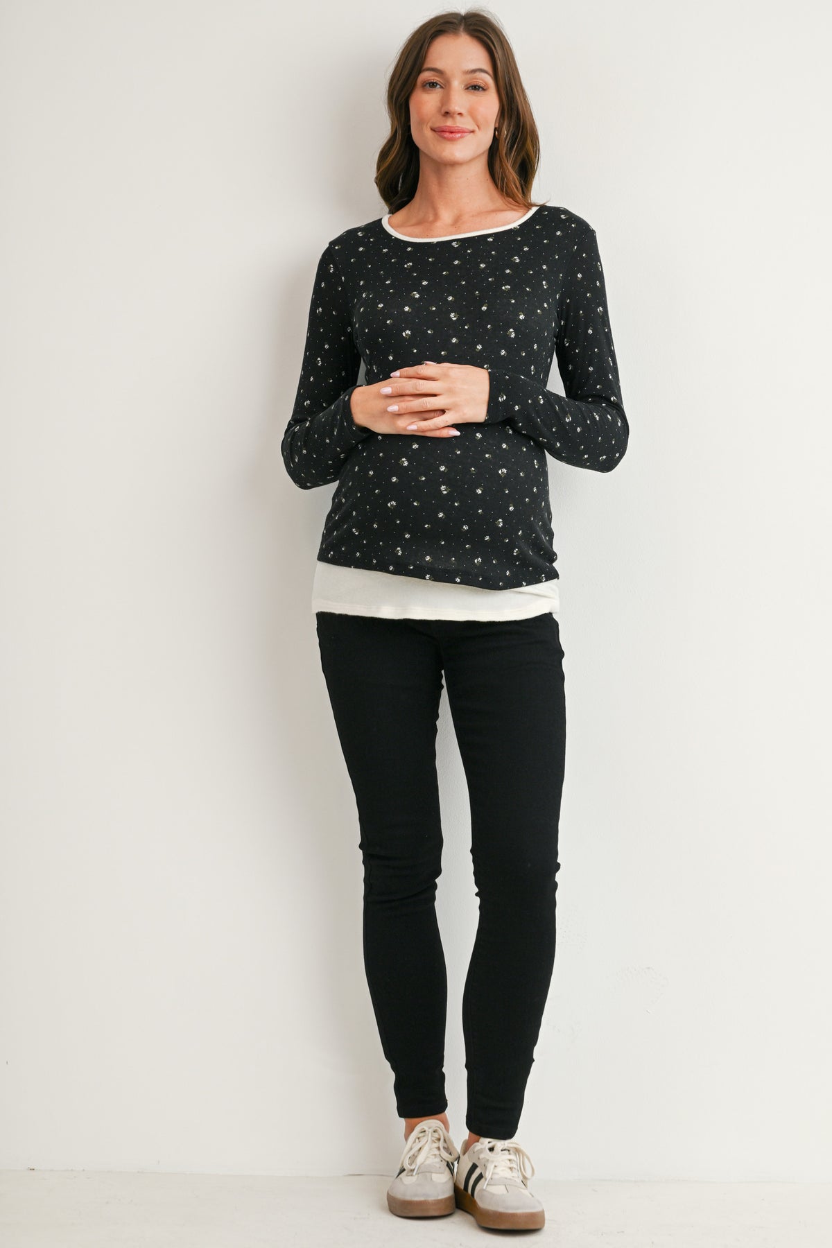 Black Ditsy Floral Long Sleeve Maternity Top Full Body