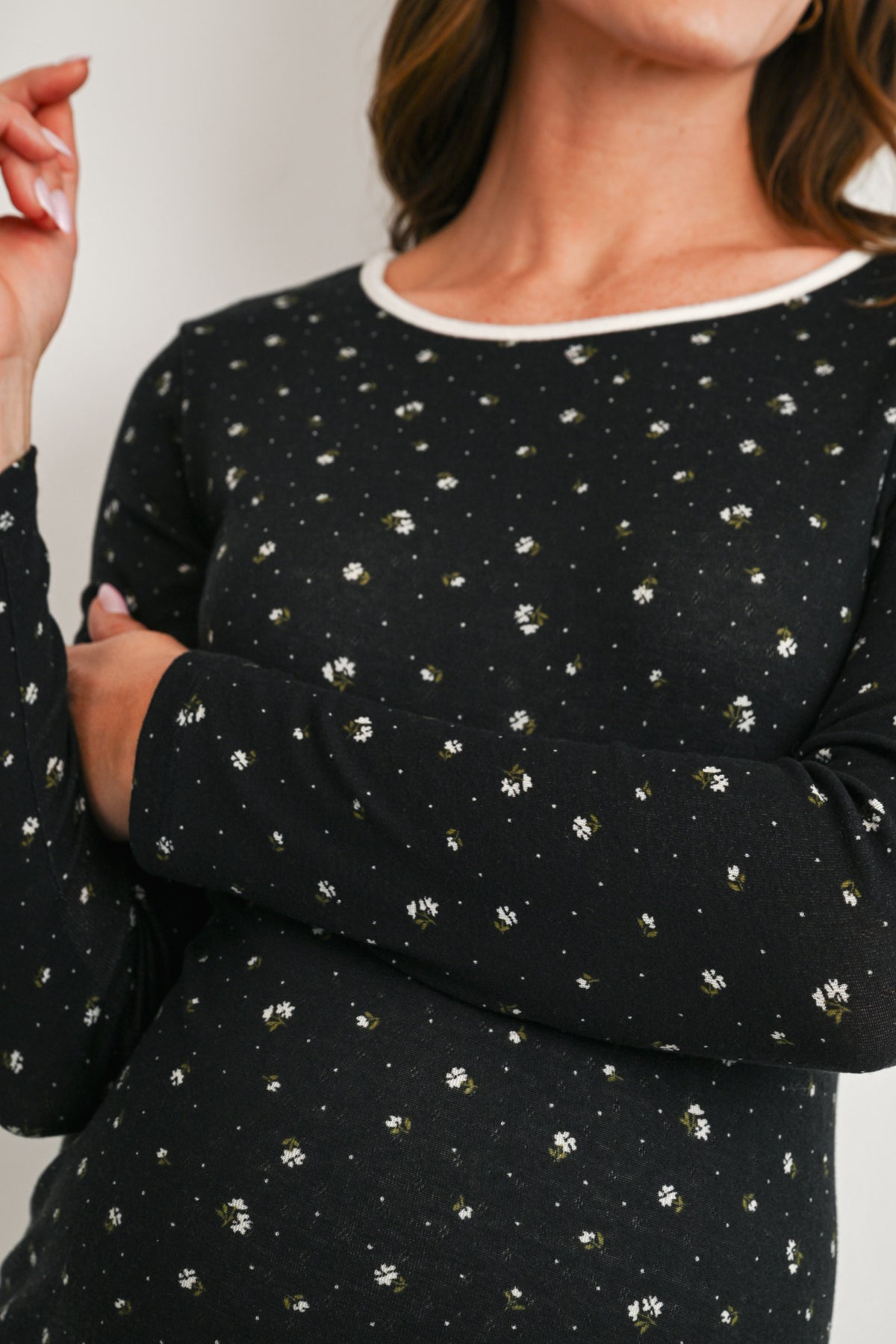 Black Ditsy Floral Long Sleeve Maternity Top Close Up
