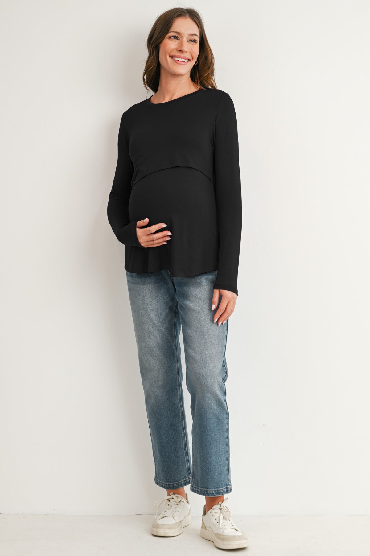 Black Long Sleeve Crew Neck Maternity Nursing Top Full Body