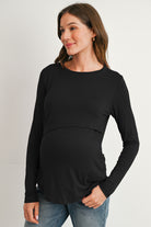 Black Long Sleeve Crew Neck Maternity Nursing Top Front View