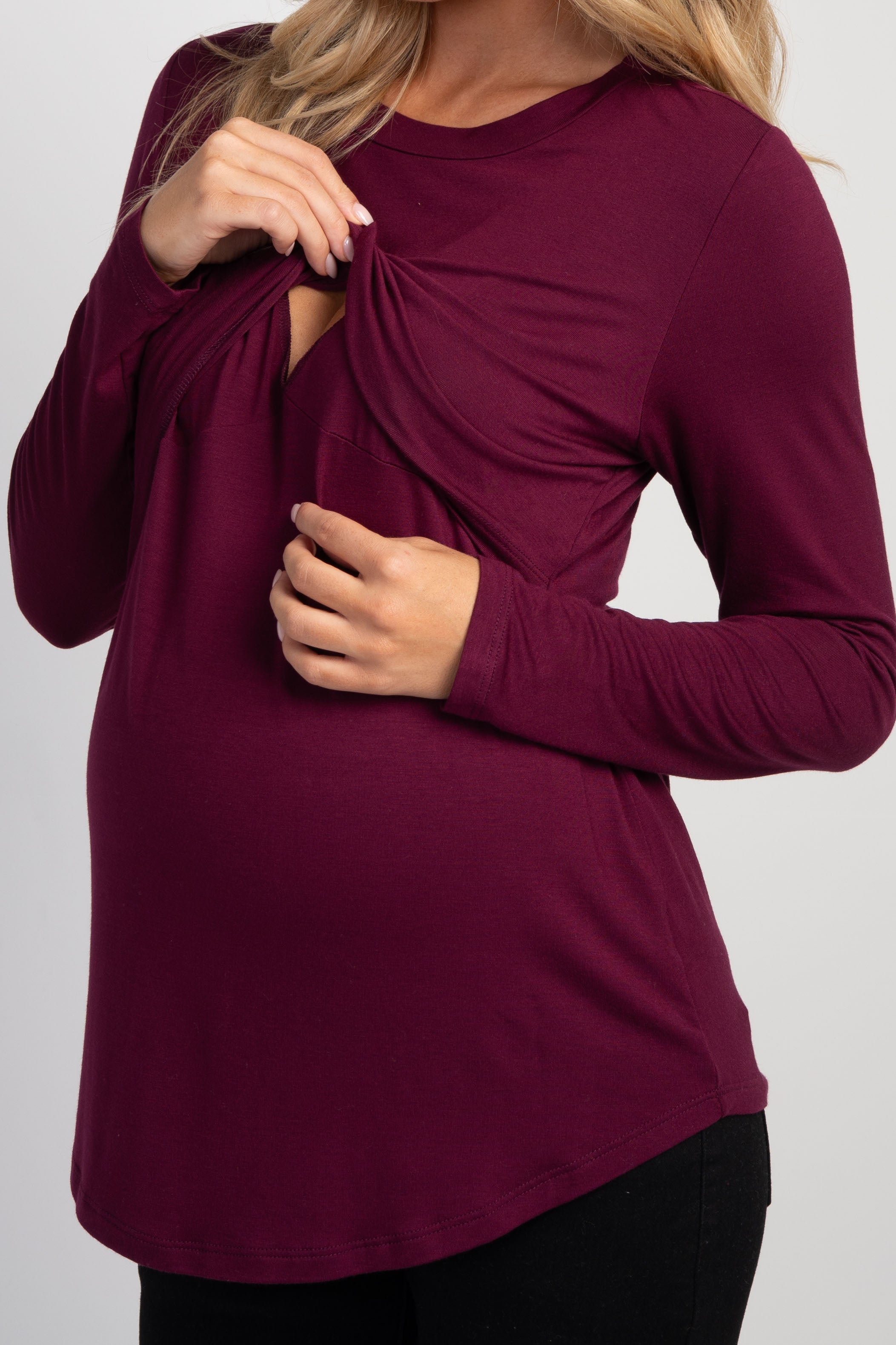 Burgundy Long Sleeve Crew Neck Maternity Nursing Top Detail