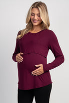 Burgundy Long Sleeve Crew Neck Maternity Nursing Top Front View