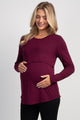 Burgundy Long Sleeve Crew Neck Maternity Nursing Top Front View