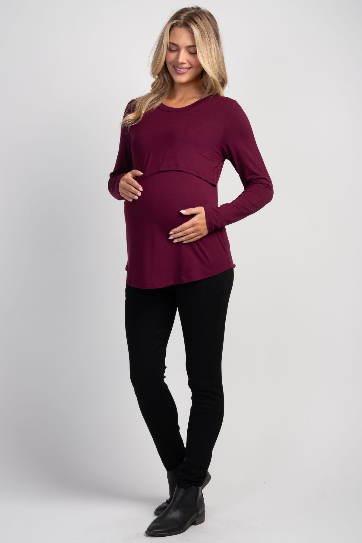 Burgundy Long Sleeve Crew Neck Maternity Nursing Top Full Body