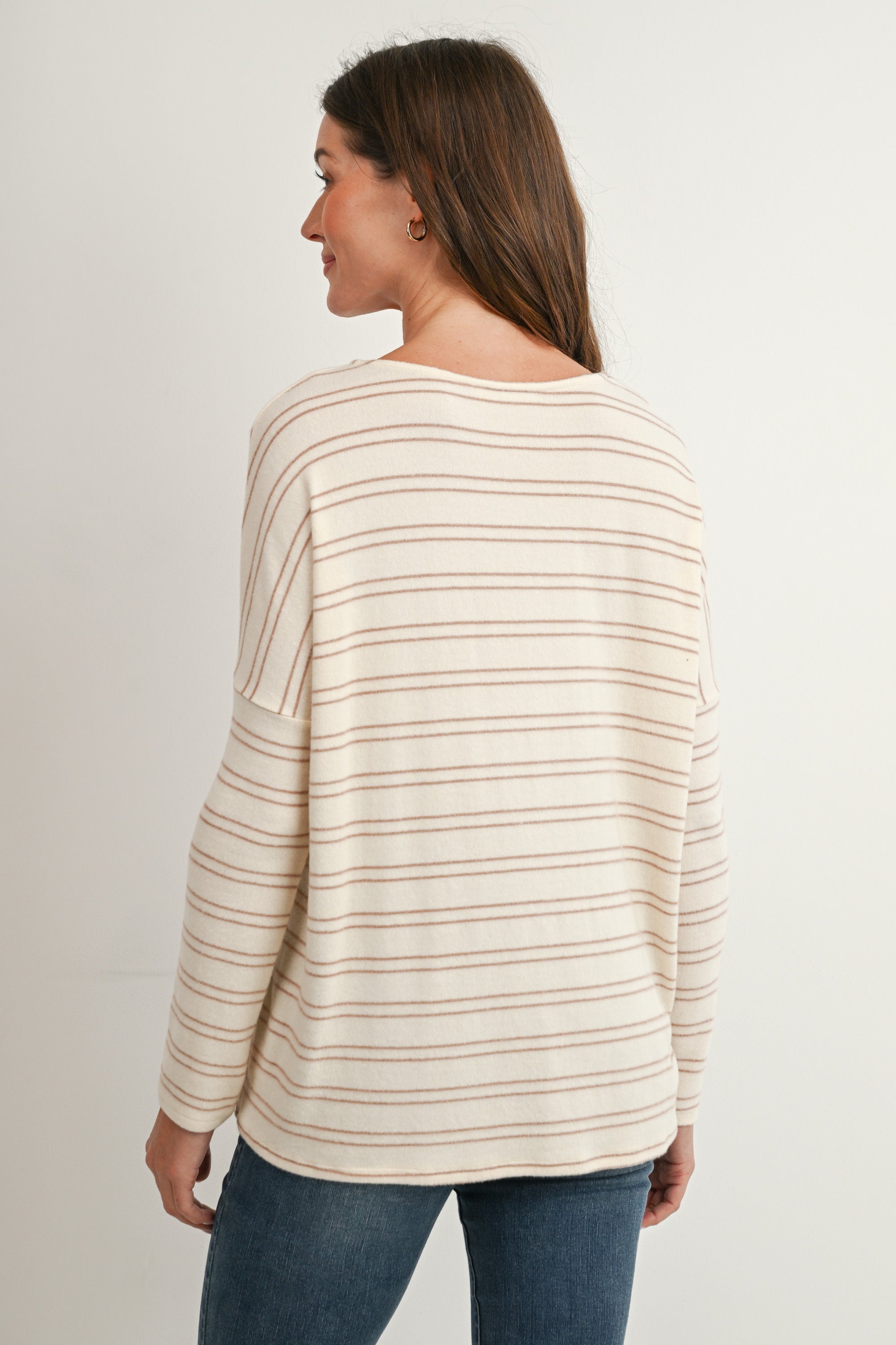 Cream/Taupe Striped Long Sleeve Maternity Knit Top Back View