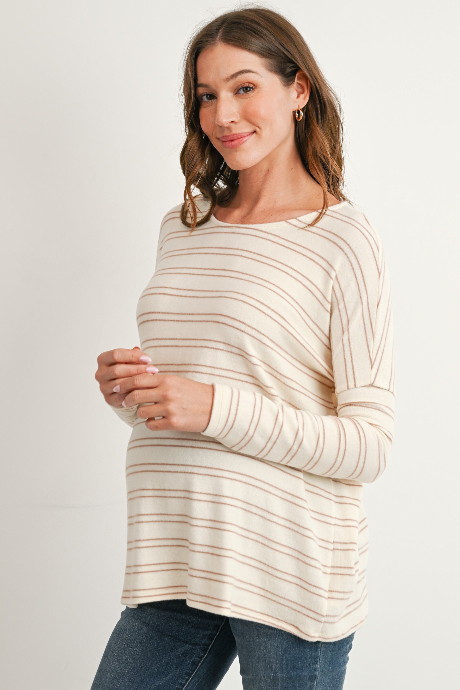 Cream/Taupe Striped Long Sleeve Maternity Knit Top Side View