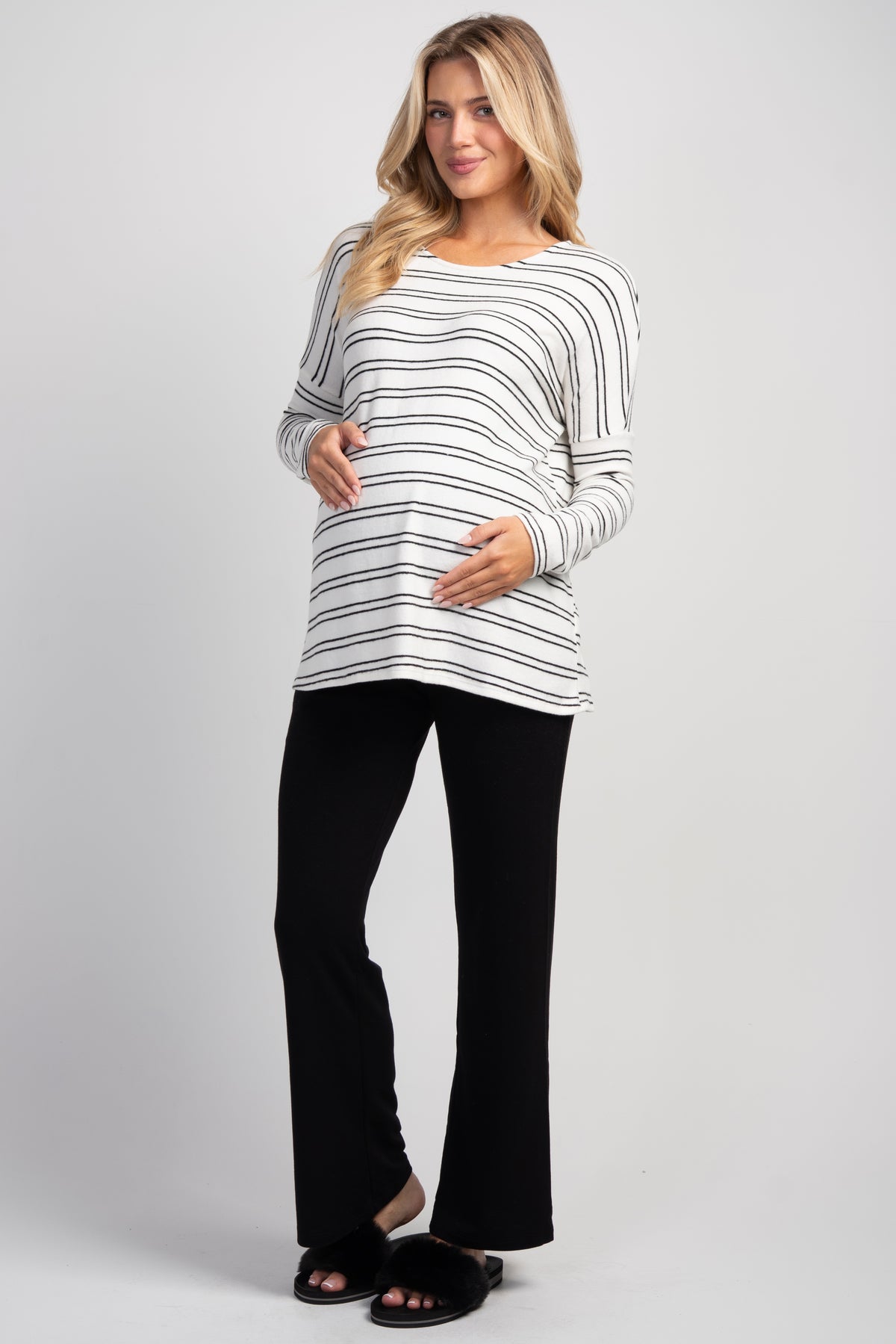 White/Black Striped Long Sleeve Maternity Knit Top Full Body