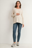 Cream/Taupe Striped Long Sleeve Maternity Knit Top Full Body View