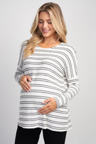 White/Black Striped Long Sleeve Maternity Knit Top Front View
