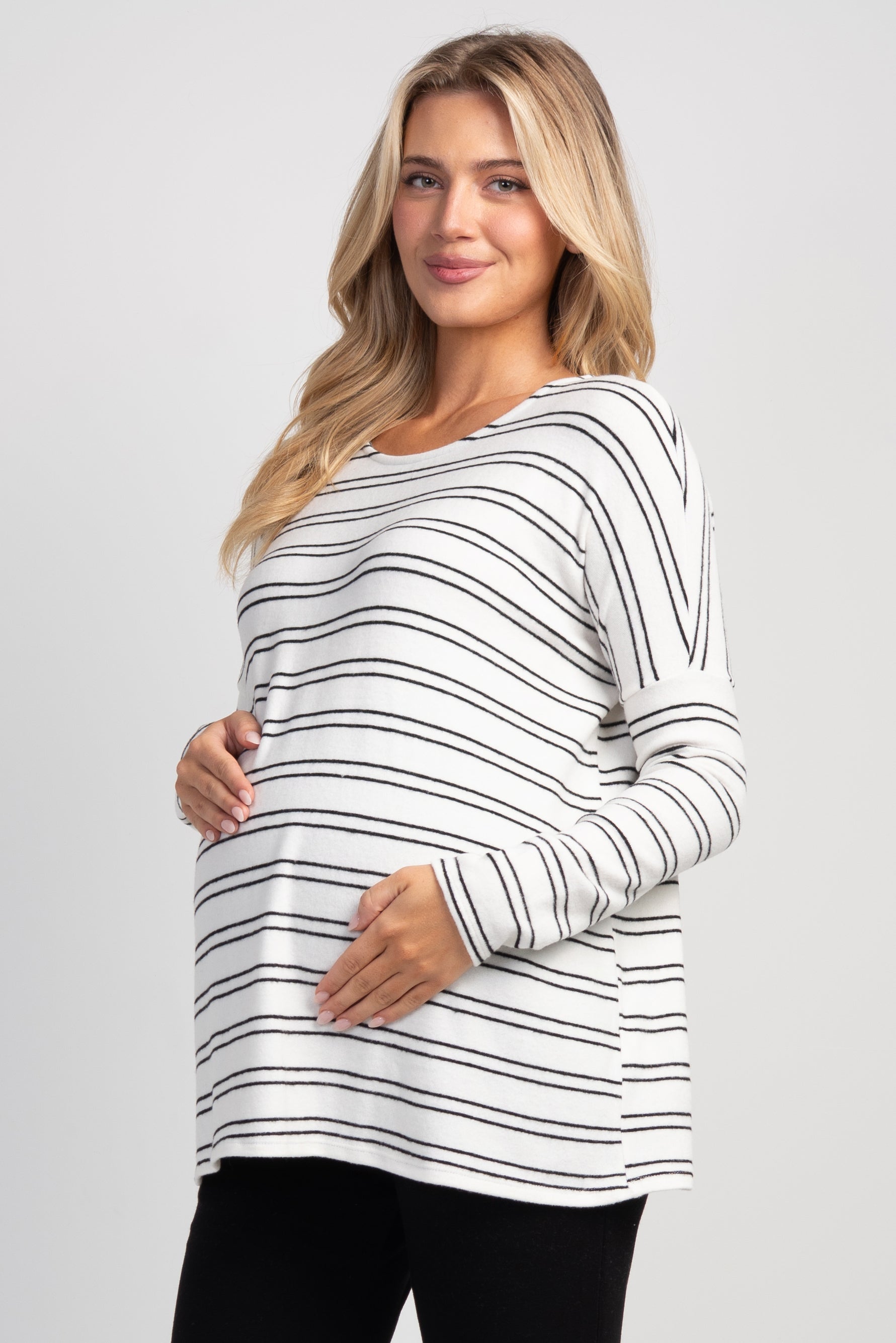 White/Black Striped Long Sleeve Maternity Knit Top Side View