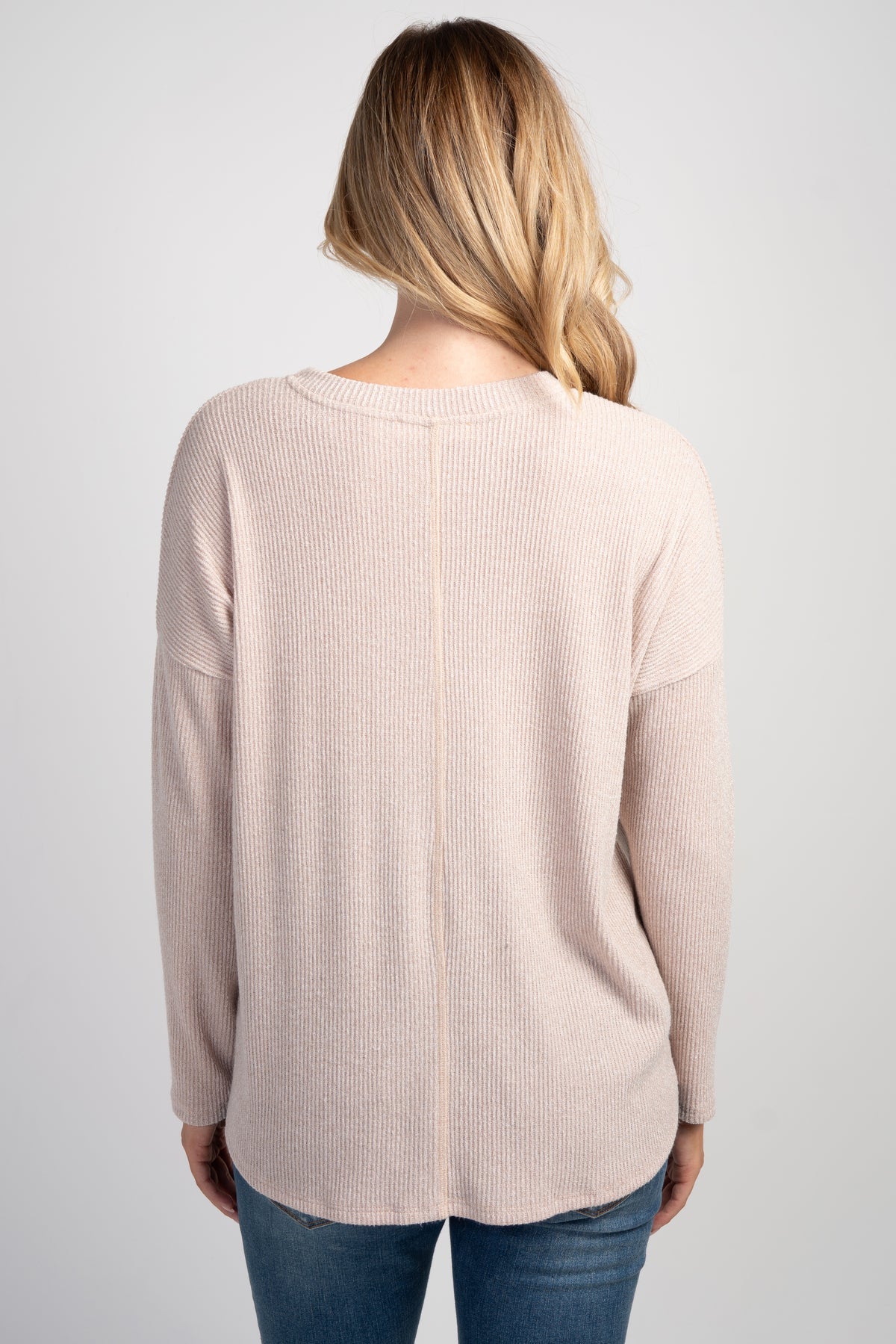 Beige Relaxed Fit Crew Neck Sweater Knit Maternity Top Back View