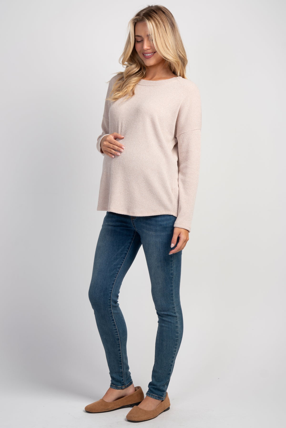 Beige Relaxed Fit Crew Neck Sweater Knit Maternity Top Full Body