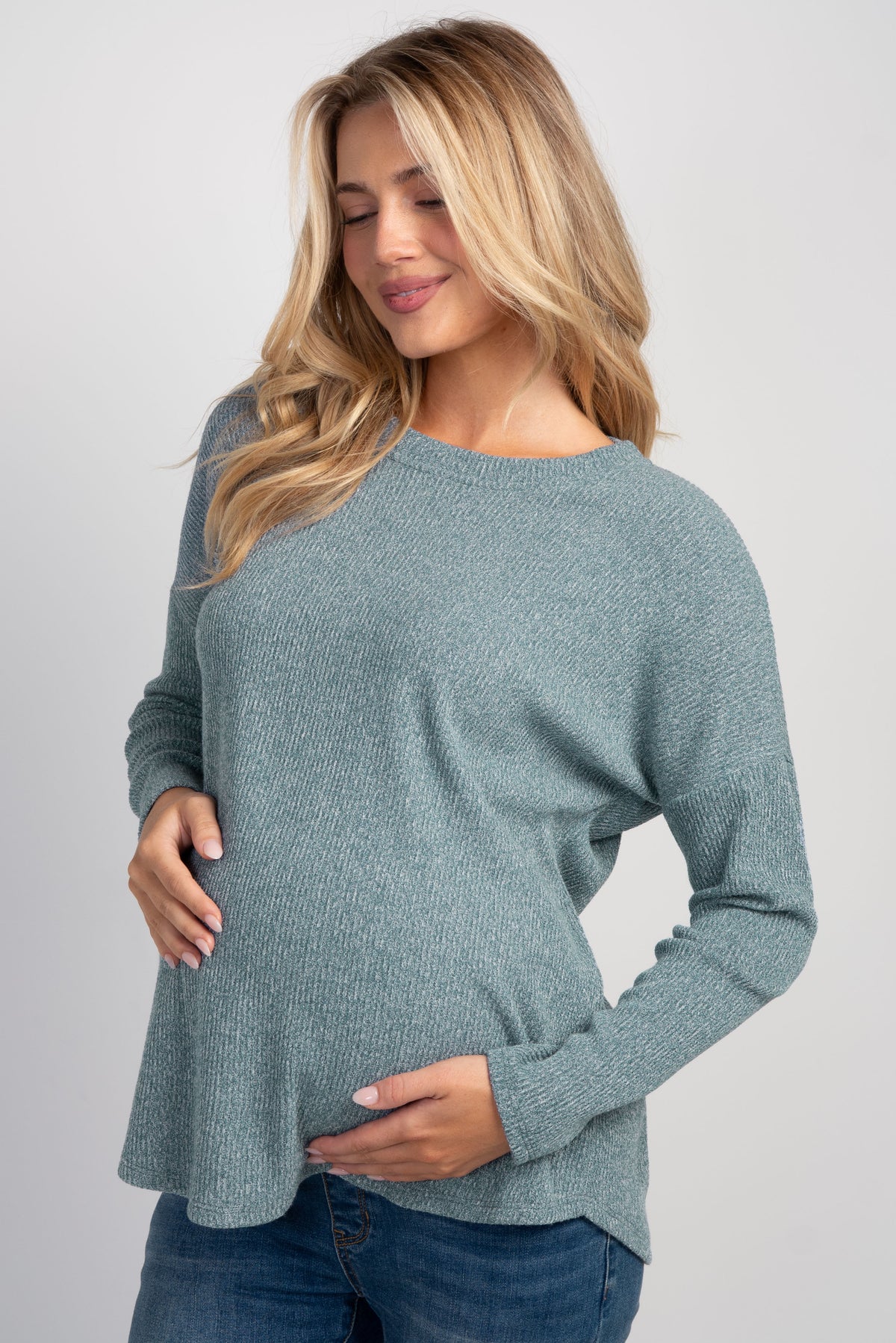 Teal Relaxed Fit Crew Neck Sweater Knit Maternity Top Front View