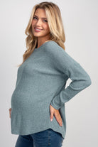Teal Relaxed Fit Crew Neck Sweater Knit Maternity Top Side View