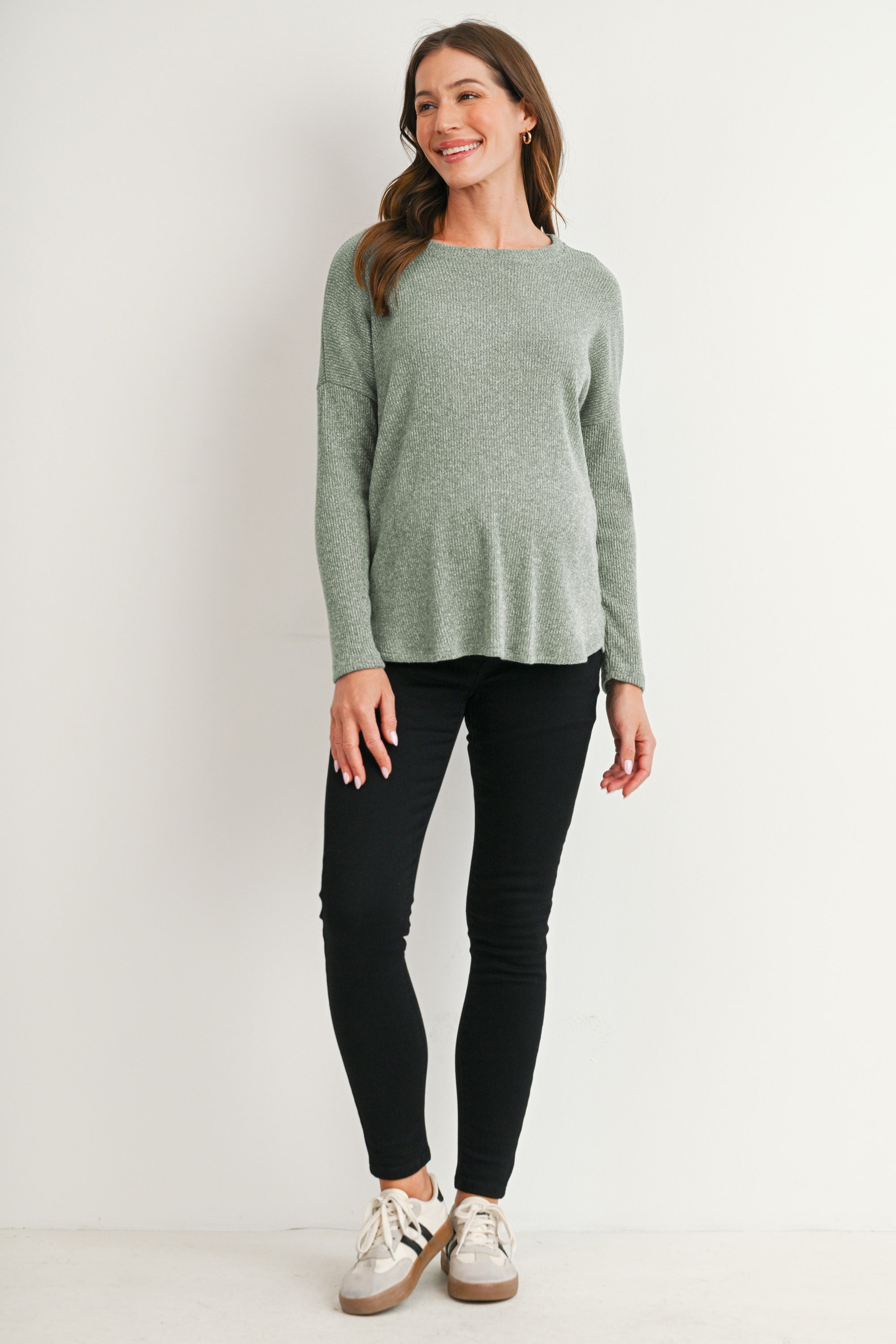 Sage Relaxed Fit Crew Neck Sweater Knit Maternity Top Full Body