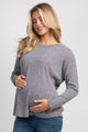 Charcoal Relaxed Fit Crew Neck Sweater Knit Maternity Top Front View