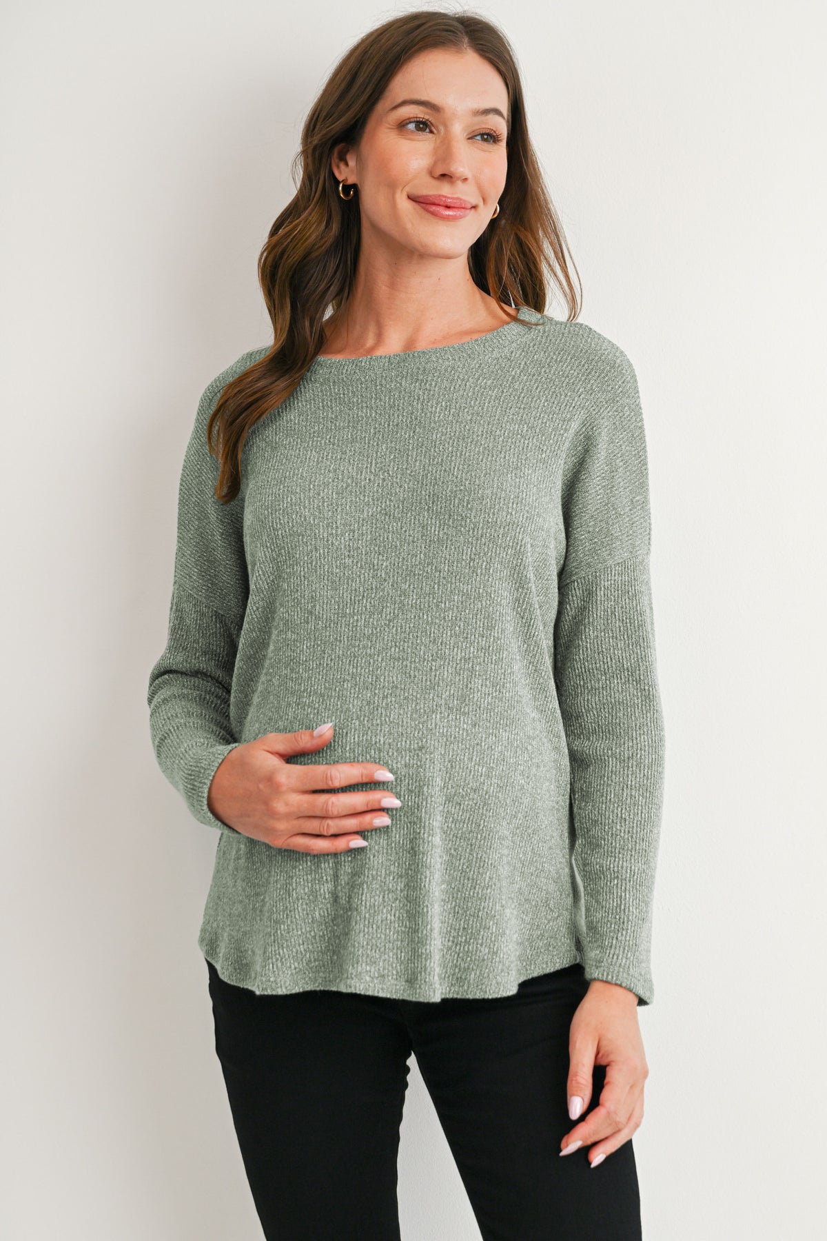 Sage Relaxed Fit Crew Neck Sweater Knit Maternity Top Front View