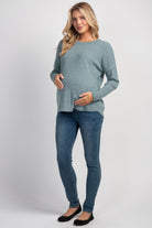 Teal Relaxed Fit Crew Neck Sweater Knit Maternity Top Back View