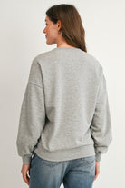 Back view of Hello Miz maternity nursing sweatshirt in heather gray with kangaroo pocket