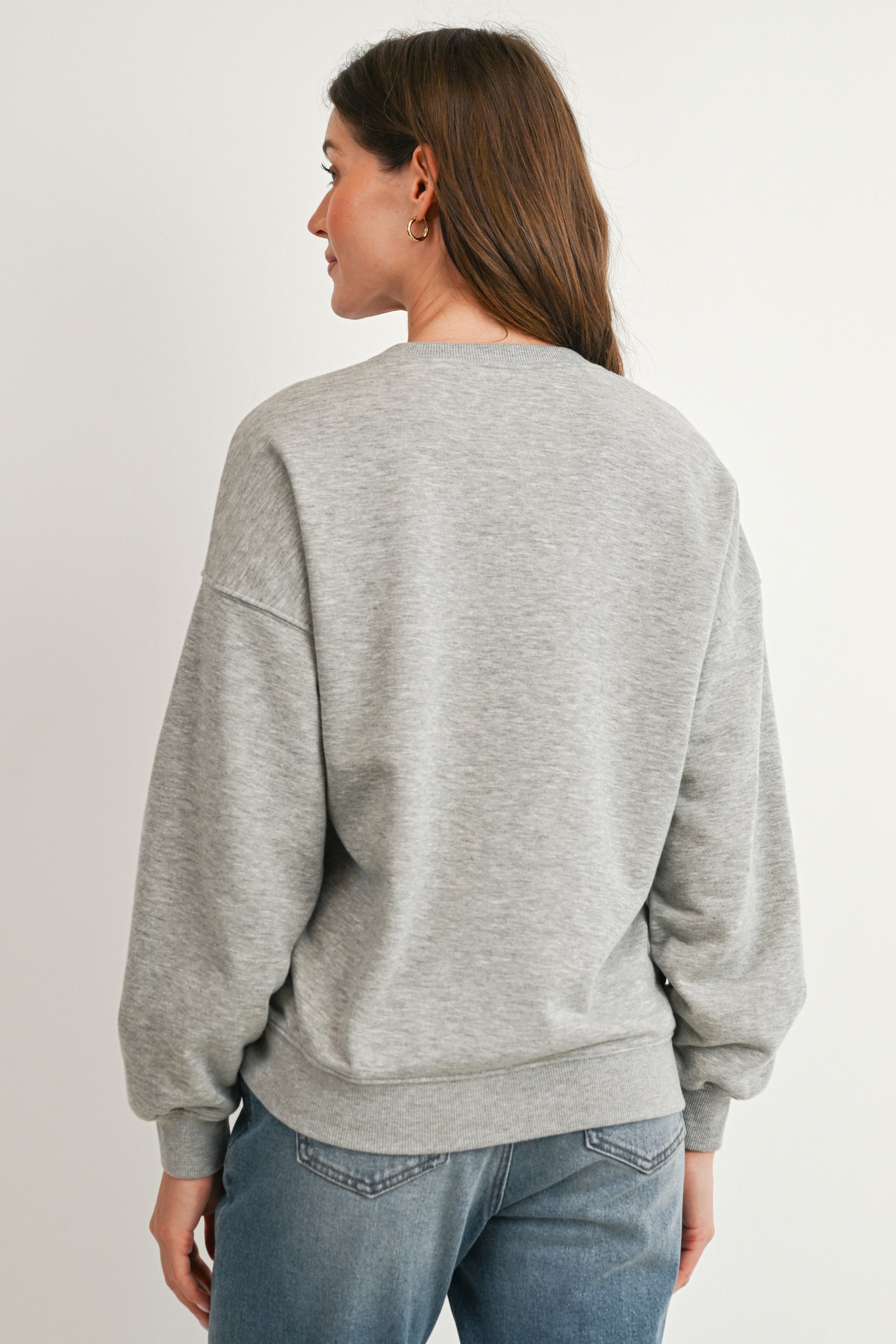 Back view of Hello Miz maternity nursing sweatshirt in heather gray with kangaroo pocket