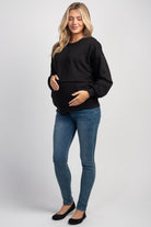Full body view of Black maternity nursing sweatshirt with kangaroo pocket