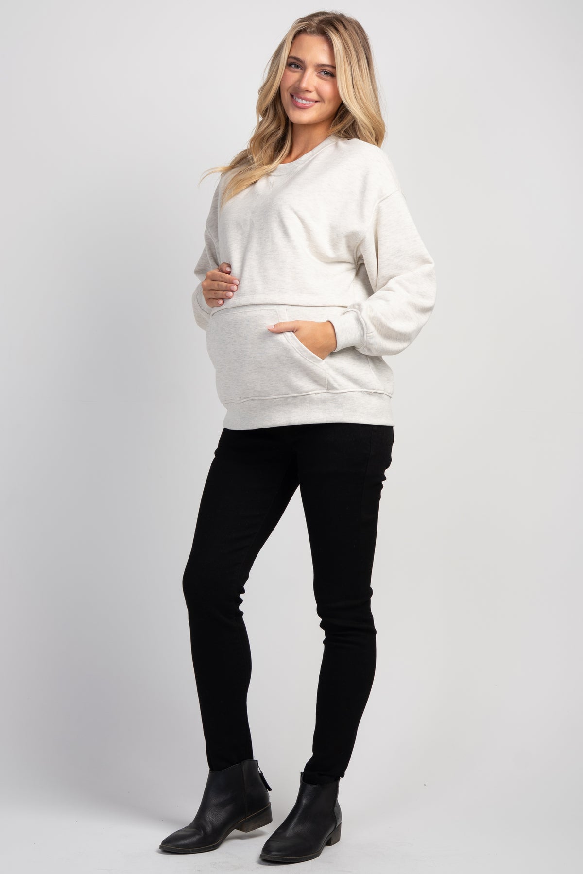 Full body view of Hello Miz maternity nursing sweatshirt in oatmeal with kangaroo pocket