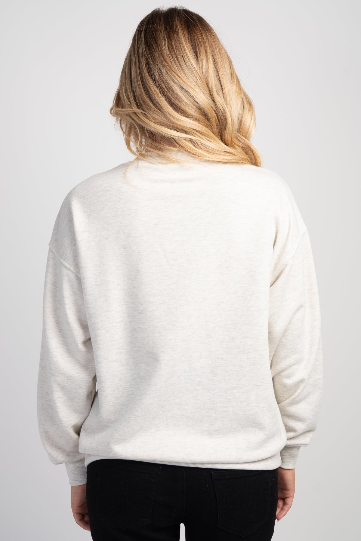 Back view of Hello Miz maternity nursing sweatshirt in oatmeal with kangaroo pocket