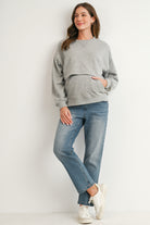 Full body view of Back view of Hello Miz heather gray maternity nursing sweatshirt with kangaroo pocket