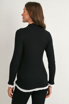Black Long Sleeve Ribbed Mock Neck Top with Contrast Trim Back View