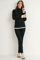 Black Long Sleeve Ribbed Mock Neck Top with Contrast Trim Full Body