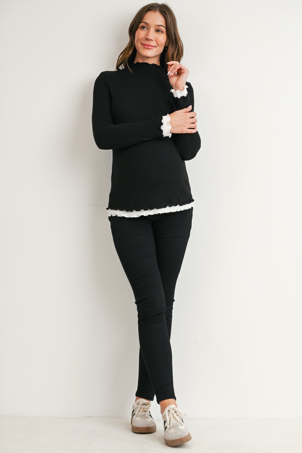 Black Long Sleeve Ribbed Mock Neck Top with Contrast Trim Full Body