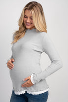 Heather Grey Long Sleeve Ribbed Mock Neck Top with Contrast Trim Front View