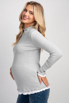 Heather Grey Long Sleeve Ribbed Mock Neck Top with Contrast Trim Side View
