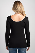 Black Ribbed Long Sleeve Scoop Neck Top with Lace Trim Back View