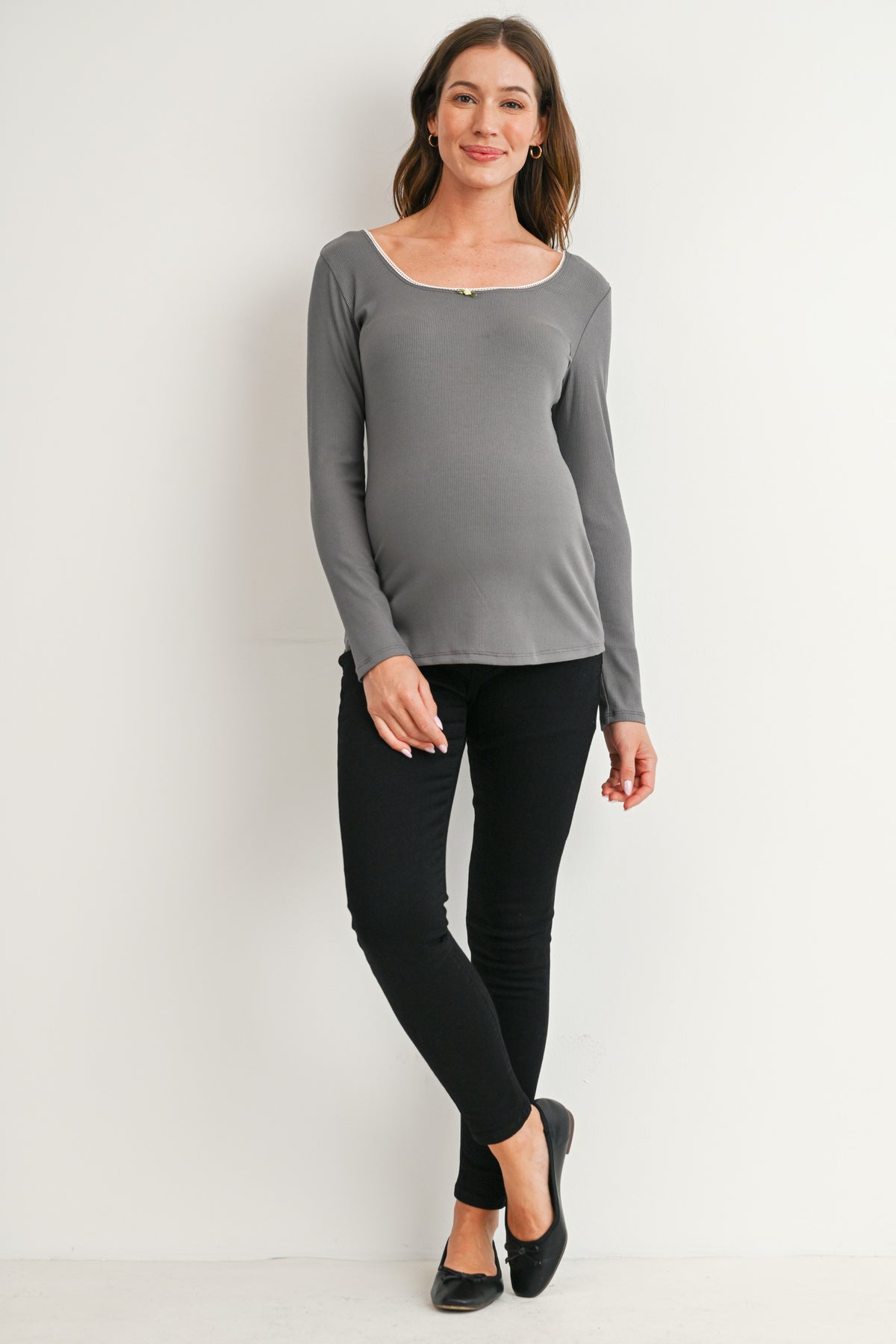 Olive Ribbed Long Sleeve Scoop Neck Top with Lace Trim Full Body