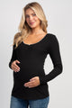 Black Ribbed Long Sleeve Scoop Neck Top with Lace Trim Front View