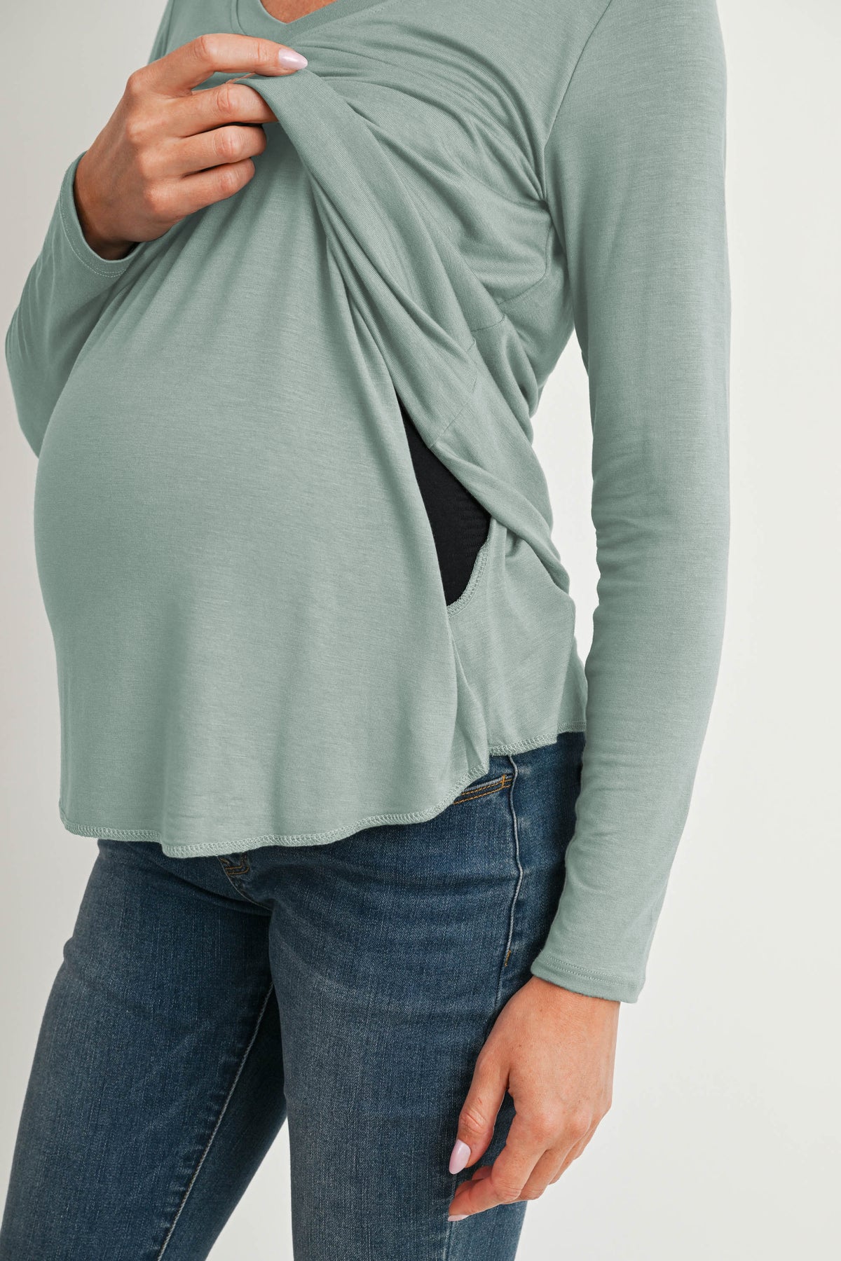 Sage Long Sleeve V-Neck Maternity Nursing Top Close Up