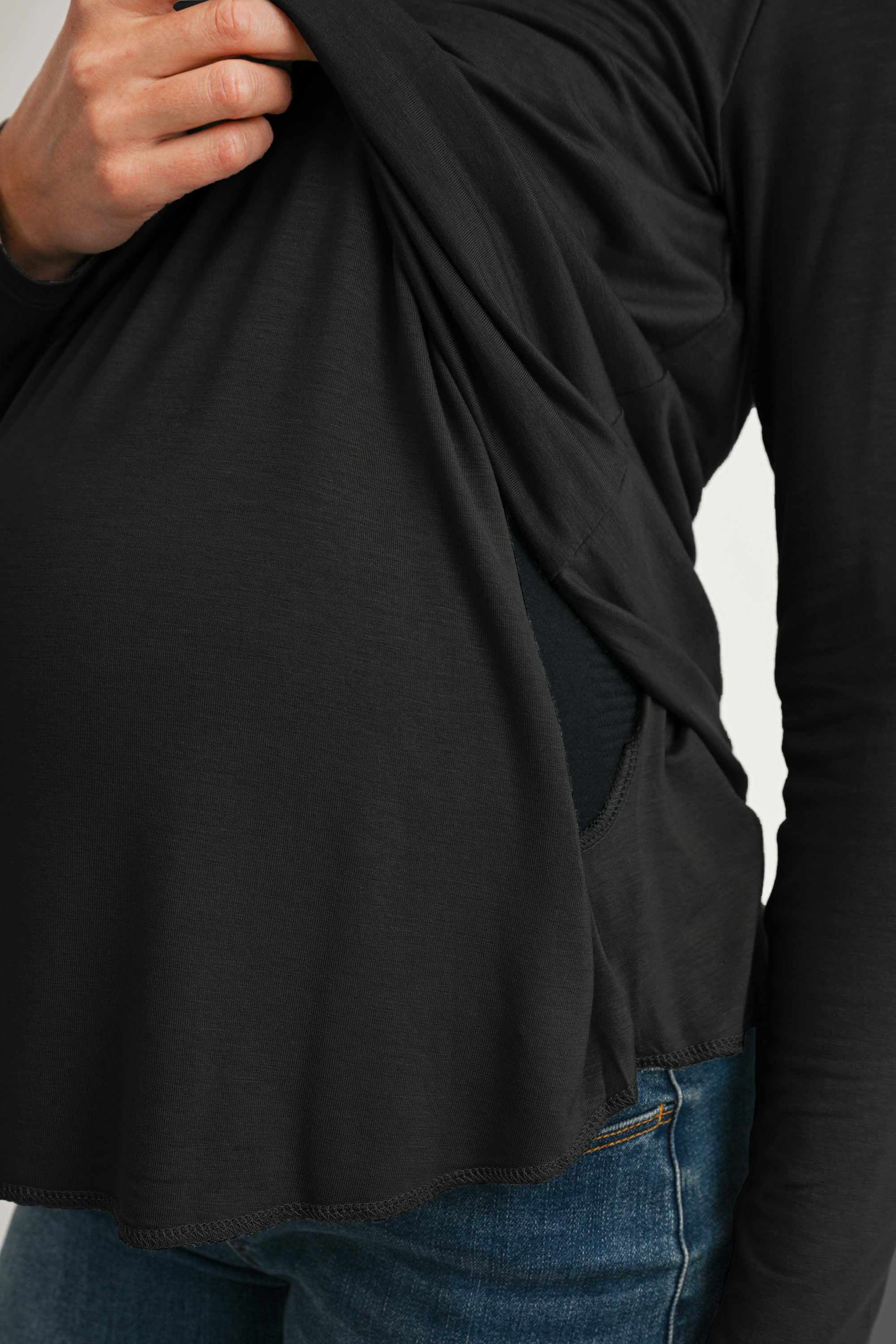 Black Long Sleeve V-Neck Maternity Nursing Top Close Up