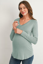 Sage Long Sleeve V-Neck Maternity Nursing Top Side View