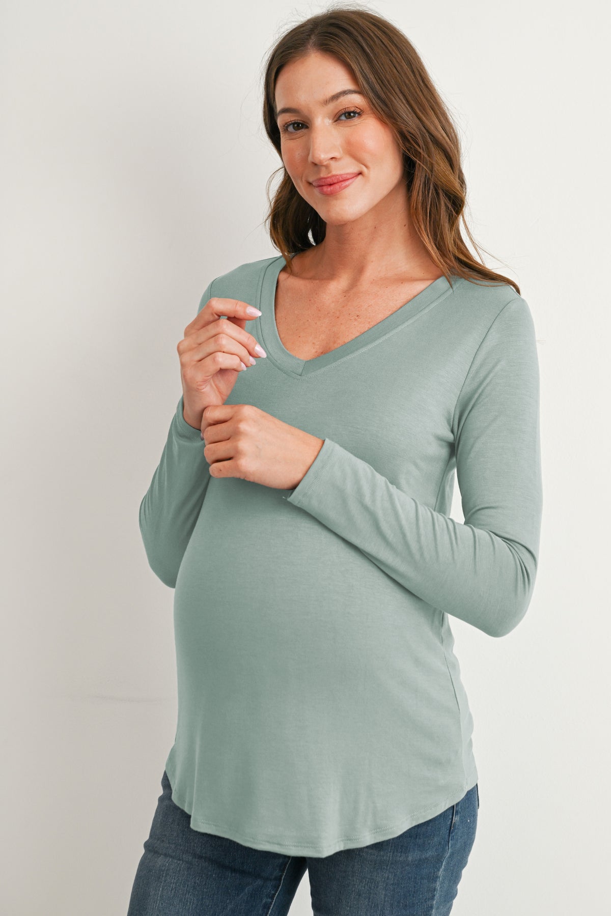 Sage Long Sleeve V-Neck Maternity Nursing Top Side View