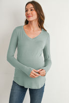 Sage Long Sleeve V-Neck Maternity Nursing Top Front View