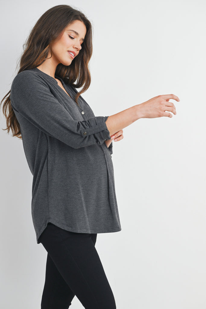 Charcoal Henley Long Sleeve V Neck Maternity Nursing Top Side View